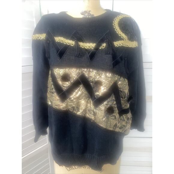 Vintage 80s Women's Sweater Bonnie and Bill by Holly Black Gold Glitter Sz Large - Picture 1 of 9